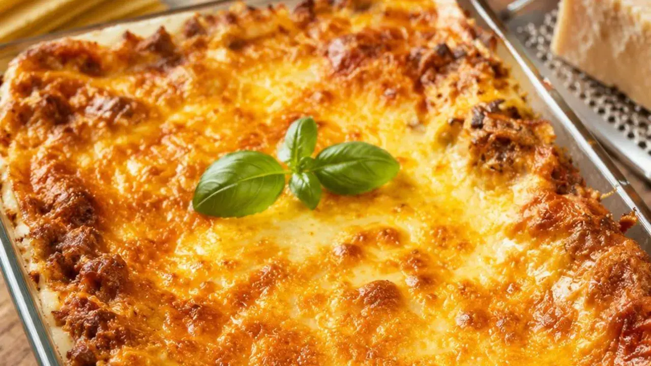 Goldbraun überbackene Lasagne mit frischem Basilikum. Ein köstliches lasagne rezept, das jeden Gaumen erfreut.