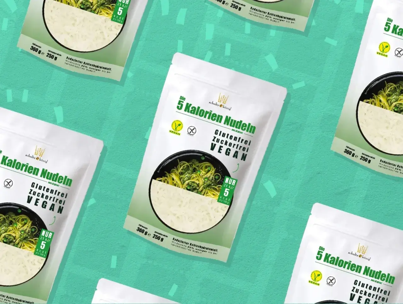 Mehrere Packungen "Die 5 Kalorien Nudeln" von Schultz & König, glutenfrei, zuckerfrei, vegan. Diese low carb nudeln sind eine leichte Alternative.