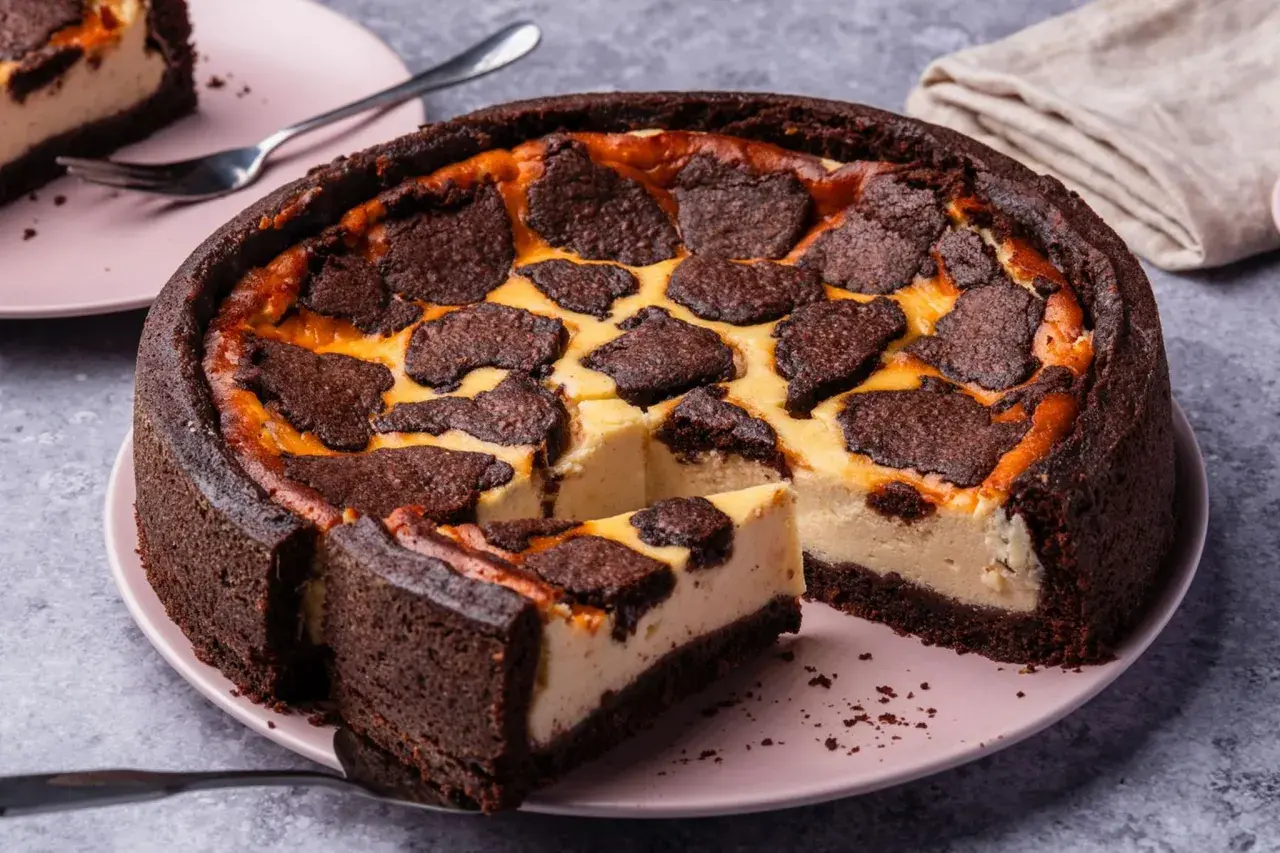 Ein saftiger russischer Zupfkuchen mit dunklem Schokoladenboden und cremiger Füllung, belegt mit zupfartigen Schokoladenstücken.