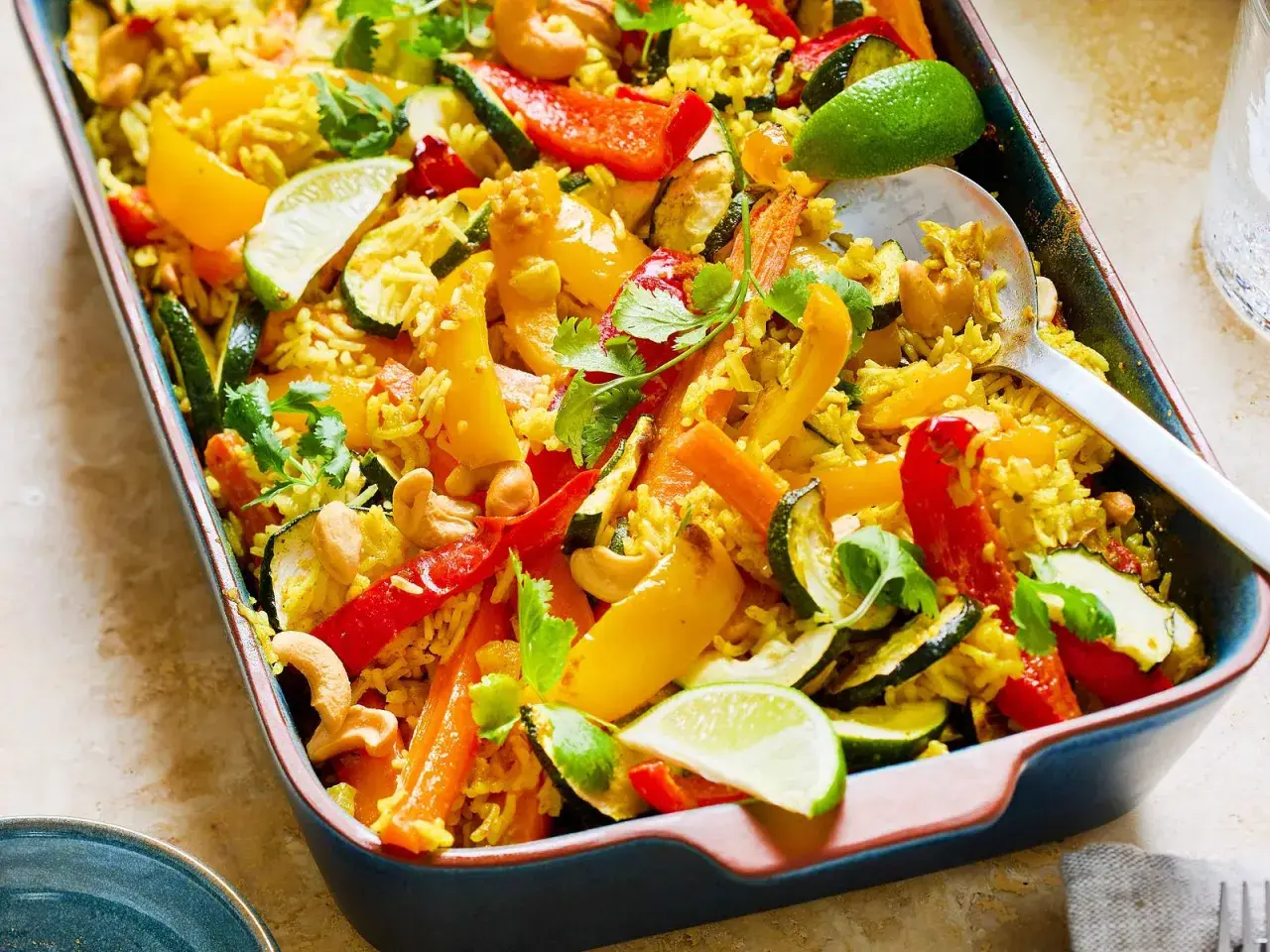 Buntes Gericht mit Reis, Paprika, Zucchini, Karotten und Cashewkernen, garniert mit Koriander und Limettenspalten. Ein köstliches Gericht mit Reis.