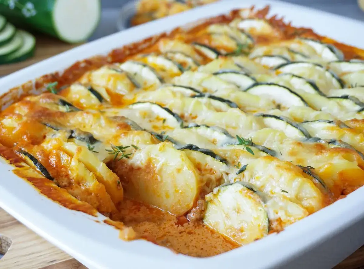 Herzhafter zucchini hackfleisch auflauf mit Kartoffeln und Käse überbacken, garniert mit frischen Kräutern.