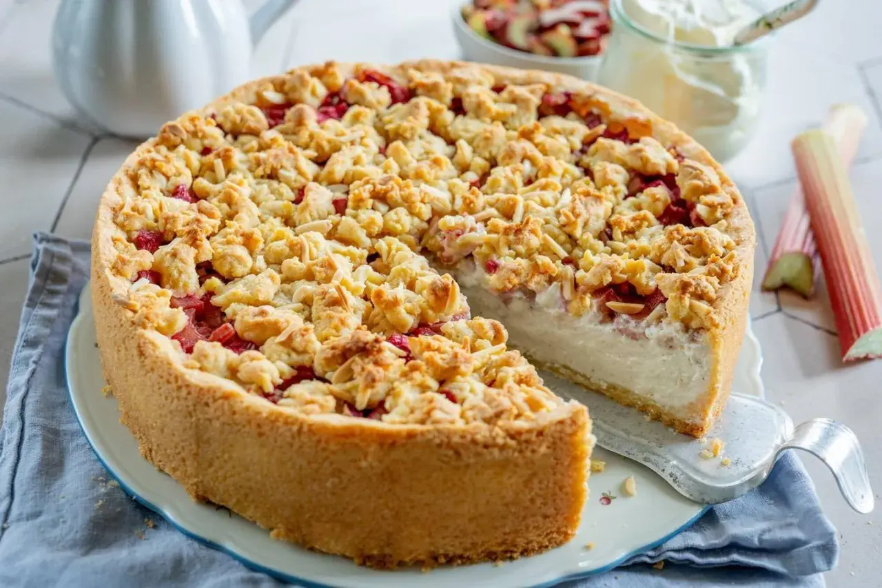 Saftiger Rhabarber Schmand Kuchen mit knuspriger Streuselhaube und cremigem Kern. Ein Genuss für jeden Anlass!