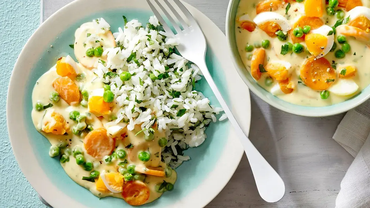 Vegetarische rezepte hauptgericht: Reis mit cremiger Sauce, Erbsen, Karotten und Ei.