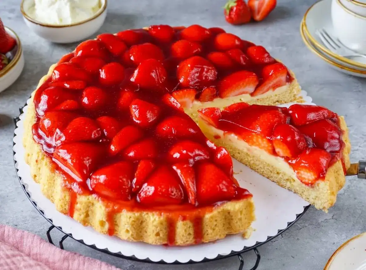 Ein saftiger Kuchen mit Erdbeeren, bedeckt mit gl&auml;nzendem Tortenguss. Ein St&uuml;ck wurde bereits entnommen, um die cremige F&uuml;llung zu enth&uuml;llen.