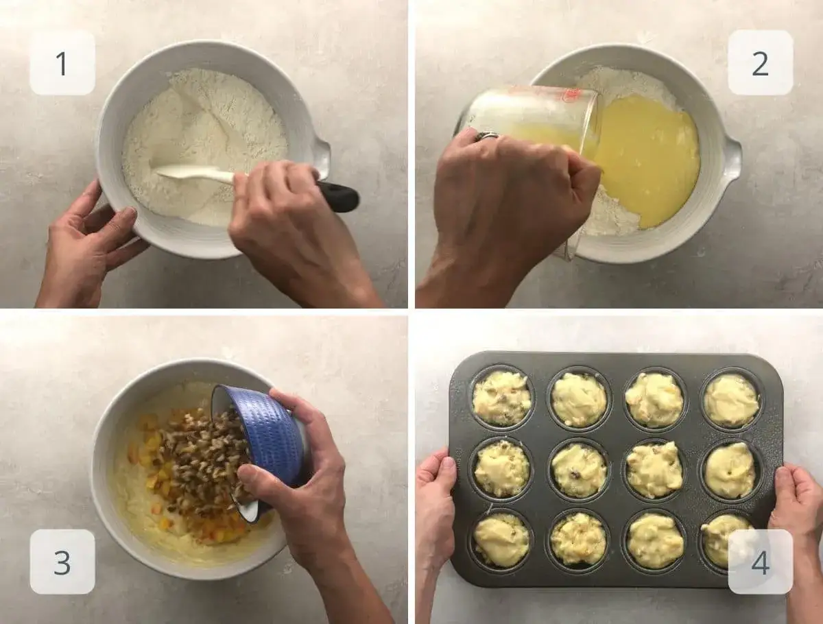 Schritt-für-Schritt-Anleitung für ein leckeres Muffins Rezept: trockene Zutaten mischen, flüssige hinzufügen, Früchte und Nüsse unterheben, Teig in die Form füllen.