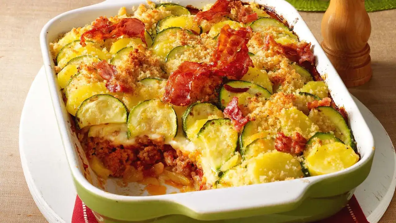 Herzhafter zucchini hackfleisch auflauf mit Kartoffeln und knuspriger Kruste, garniert mit Speck.