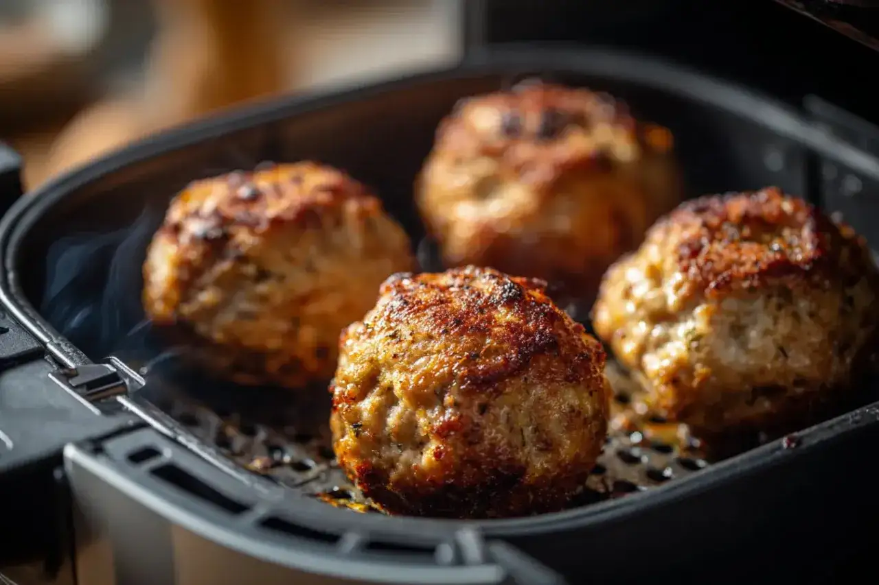 Saftige Buletten im Airfryer, goldbraun und dampfend. Perfekt f&uuml;r eine schnelle Mahlzeit.