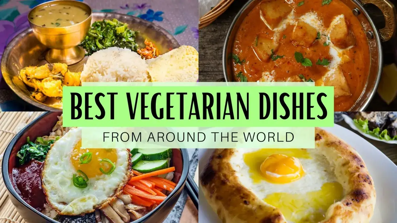 Vier k&ouml;stliche vegetarische Gerichte aus aller Welt: Curry, Bibimbap, Khachapuri und eine nepalesische Mahlzeit.
