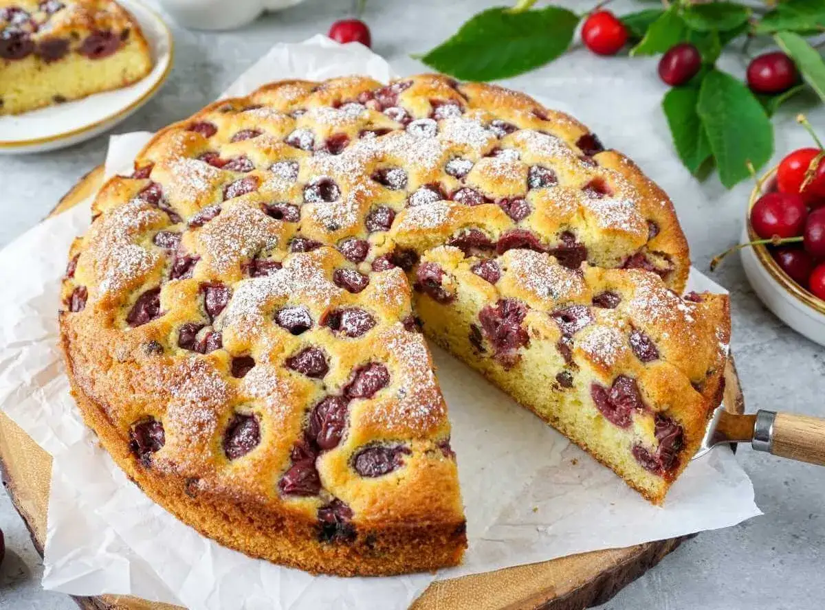 Saftiger Kuchen mit Kirschen, best&auml;ubt mit Puderzucker. Ein St&uuml;ck wurde bereits herausgeschnitten.