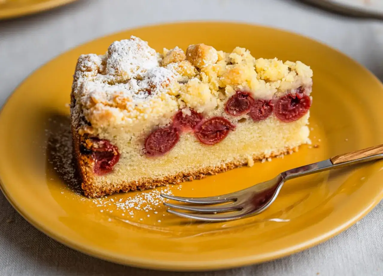 Ein saftiges St&uuml;ck Kuchen mit Kirschen, bestreut mit Puderzucker und Streuseln, liegt auf einem gelben Teller. Eine Gabel wartet darauf, den k&ouml;stlichen Kuchen mit Kirschen zu genie&szlig;en.