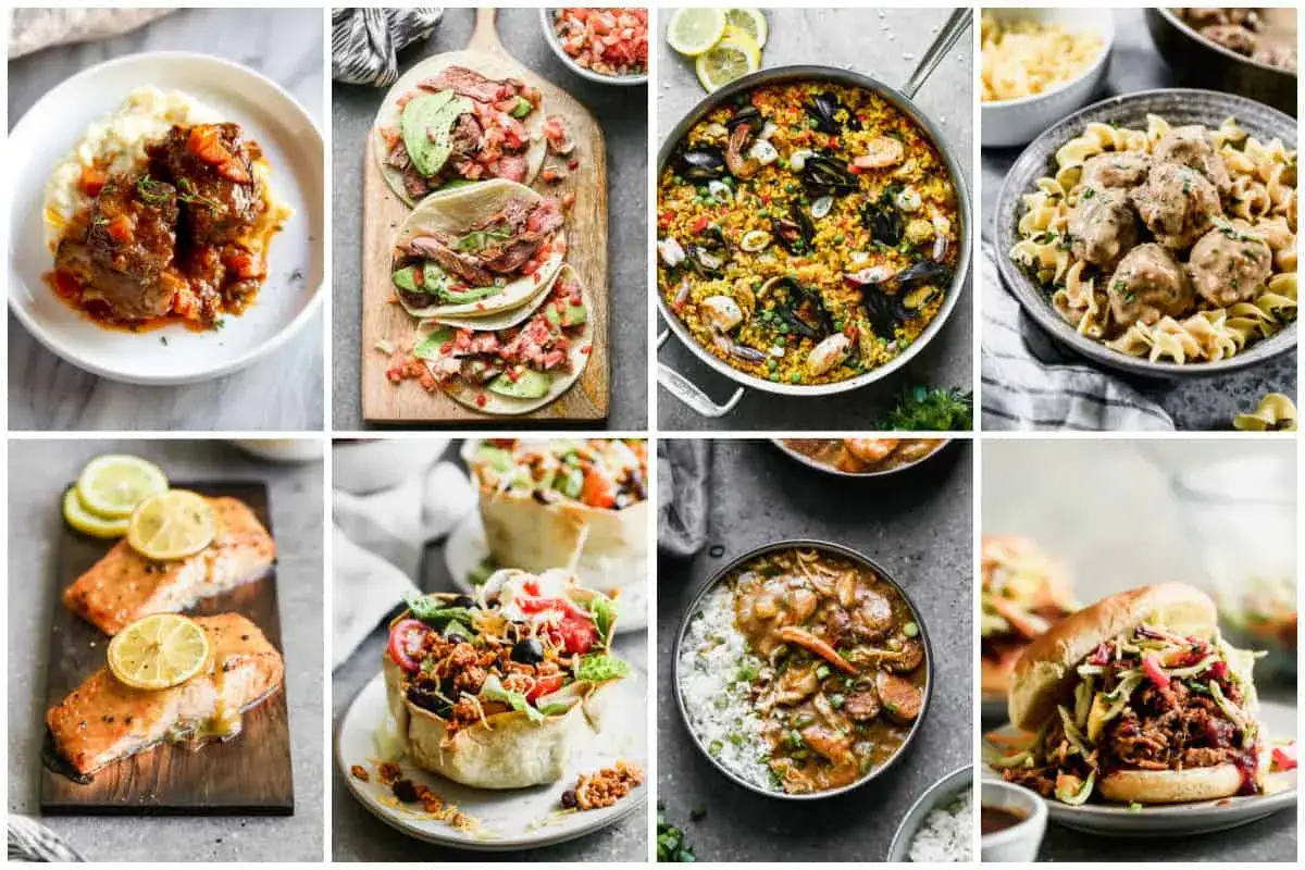 Köstliche Gerichte für clean eating rezepte: Rinderbraten, Tacos, Paella, Frikadellen, Lachs, Salat-Bowls, Gumbo und Pulled Pork Sandwiches.