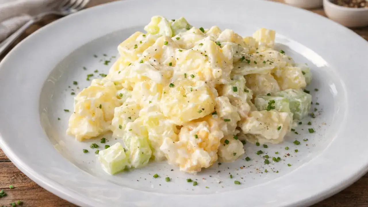 Cremiger Kartoffelsalat mit Sellerie und Schnittlauch, serviert auf einem weißen Teller. Ein köstlicher Salat, der perfekt zu jedem Anlass passt.