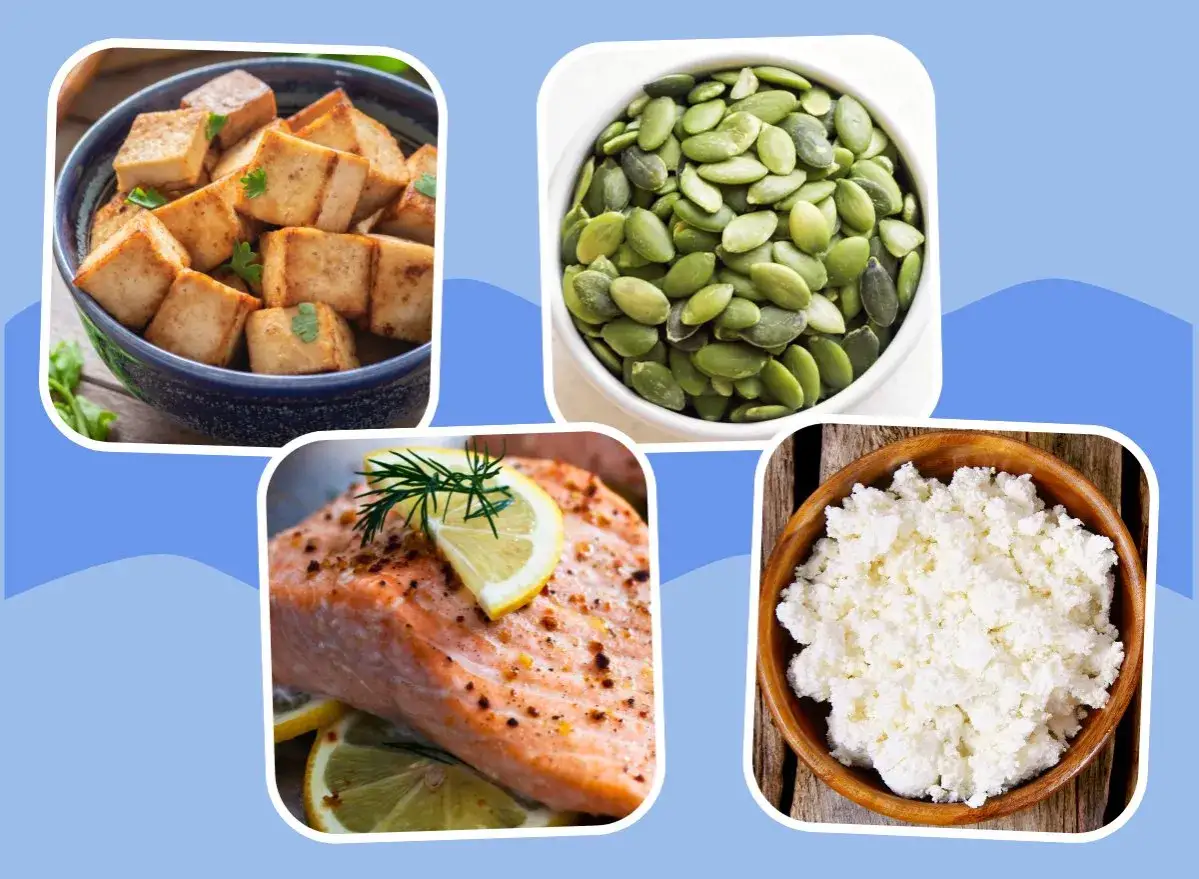 Tofu, K&uuml;rbiskerne, Lachs und H&uuml;ttenk&auml;se &ndash; Zutaten f&uuml;r rezepte mit viel protein und wenig kalorien.