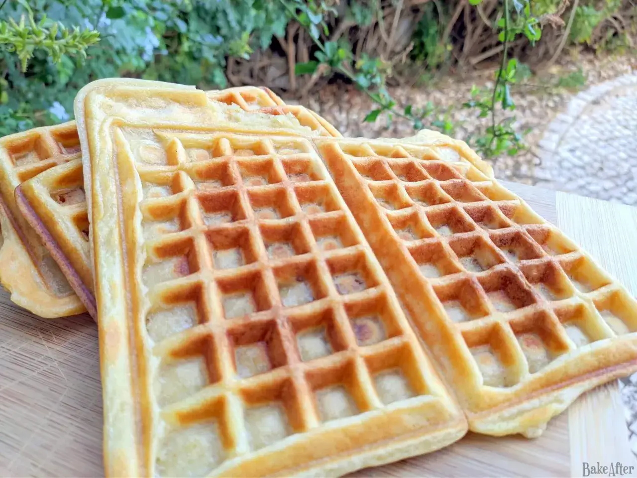 Goldbraune, rechteckige Waffeln ohne Ei liegen auf einem Holzbrett. Im Hintergrund grünt üppige Vegetation.