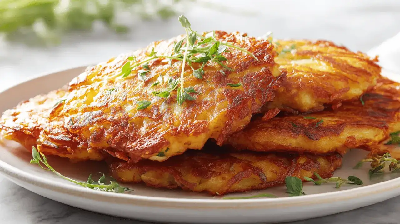Goldbraune Kartoffelpuffer im Airfryer, knusprig und appetitlich, garniert mit frischen Kräutern.