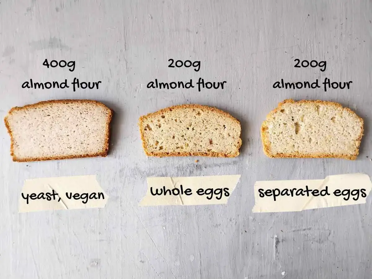 Drei Scheiben Brot aus Mandelmehl: eine mit 400g, Hefe & vegan; eine mit 200g, ganze Eier; eine mit 200g, getrennte Eier. Brot ohne Kohlenhydrate.