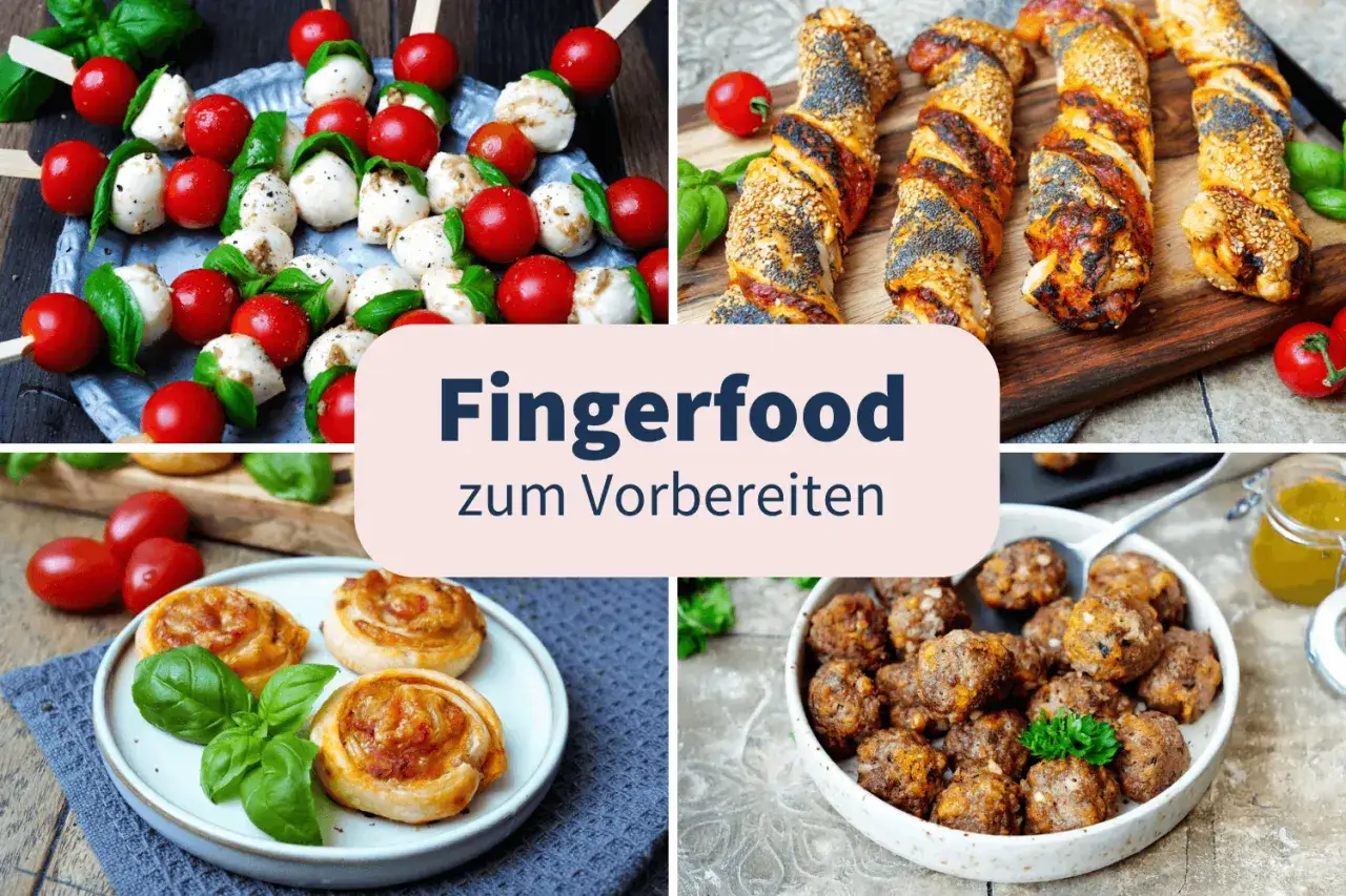 Leckere Fingerfood Ideen zum Vorbereiten: Caprese-Spieße, Blätterteigschnecken, herzhafte Brötchen und Hackbällchen.
