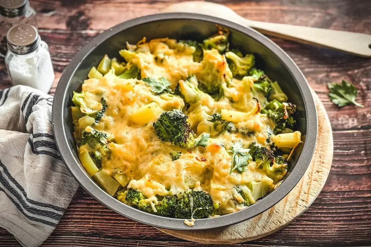 Herzhaftes Kartoffel Brokkoli Gratin mit geschmolzenem K&auml;se, garniert mit Petersilie, in einer runden Auflaufform auf Holzhintergrund.