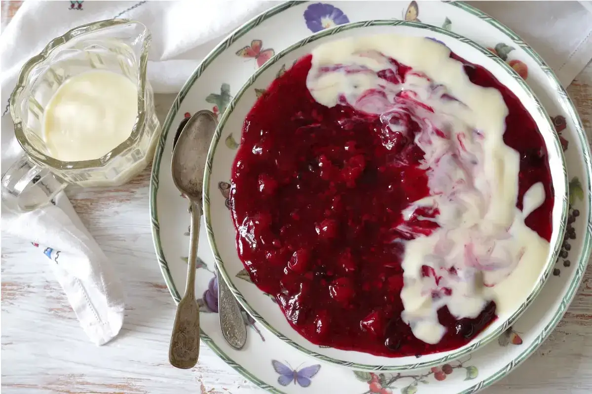 Ein Teller mit roter Beerensauce und cremiger Panna Cotta. Das klassische italienische Rezept für Panna Cotta ist ein Genuss.