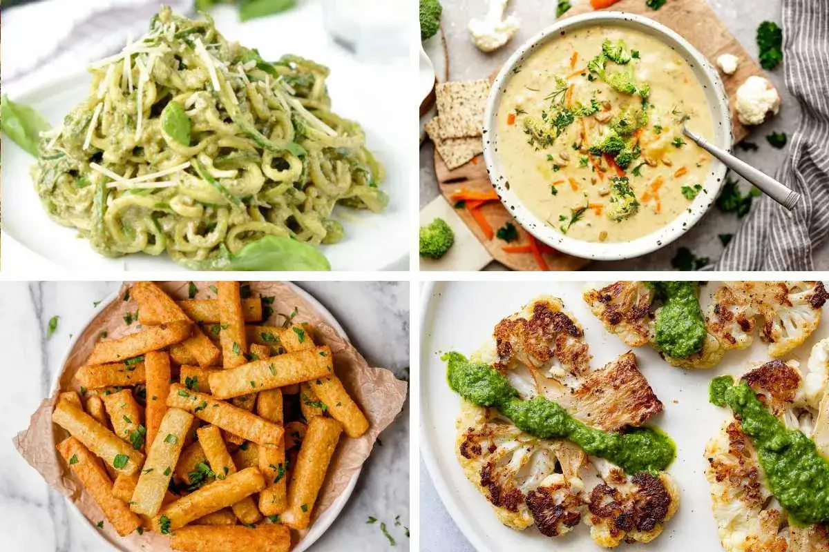 Vier Gerichte: Zucchini-Nudeln mit Pesto, cremige Gemüsesuppe, knusprige Kartoffelstäbchen und gebratener Blumenkohl mit grüner Soße. Alles low carb vegetarisch.