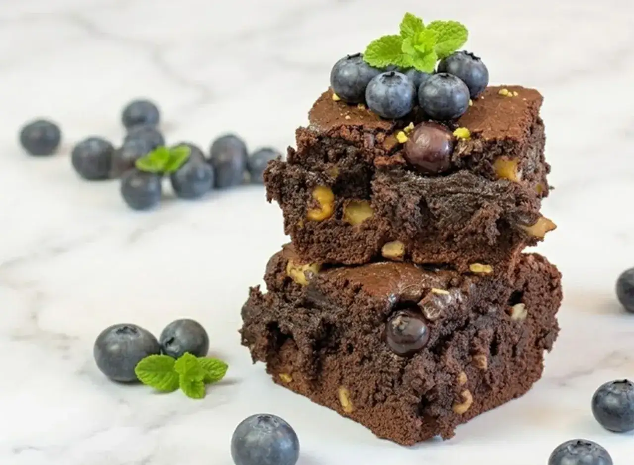 Gestapelte Brownies mit Blaubeeren und Minze, ein köstliches brownie rezept.