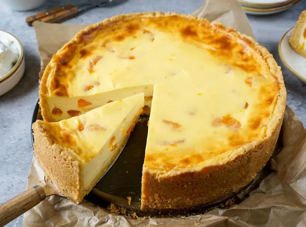 Ein saftiger Mandarinen Schmand Kuchen mit goldbraunem Boden und cremigem Belag, garniert mit saftigen Mandarinenst&uuml;cken.