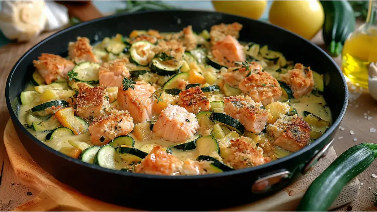 Herzhafte zucchini lachs pfanne mit knuspriger Kruste und cremiger Sauce, garniert mit frischen Kr&auml;utern.