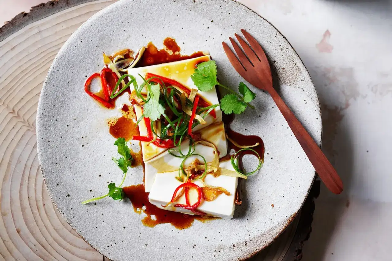 Raffiniertes vegetarisches Hauptgericht: Seidentofu mit Sojasauce, Chili, Fr&uuml;hlingszwiebeln und Koriander auf einem rustikalen Teller.