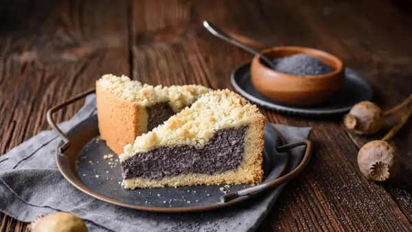 Zwei Stücke Mohnkuchen mit Puddingfüllung und Streuseln auf einem Teller, daneben eine Schale Mohnsamen.