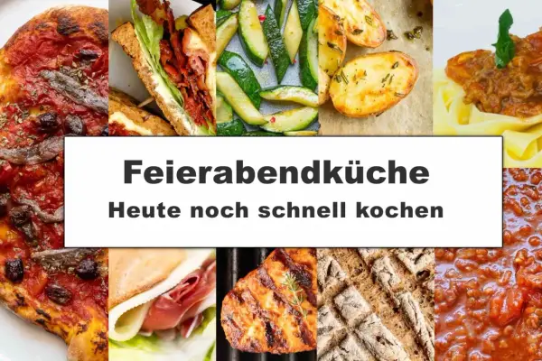 Collage mit Pizza, Sandwich, Zucchini, Kartoffeln, Pasta und Brot. Perfekt für schnelle einfache gerichte nach der Arbeit.